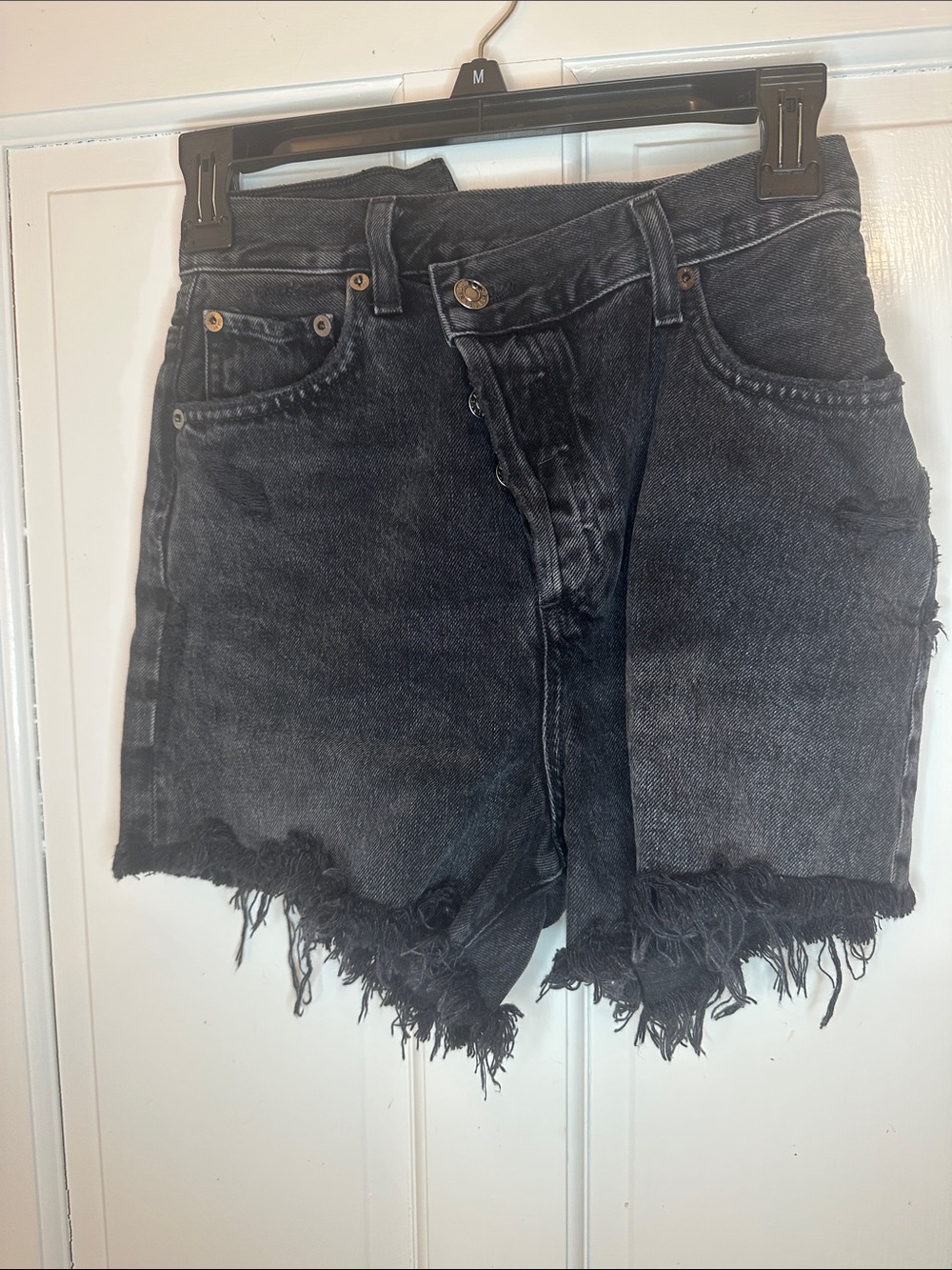 Agolde Criss Cross Asymmetrical Black Washed Frayed Hem Denim Shorts size 23 EUC